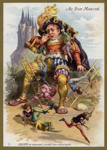 Gulliver nyser och orsakar en katastrof (chromolitho) av French School