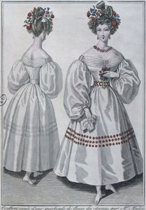 Frisyr med en krans av vilda blommor, Paris, 1829 (färggravyr) av French School