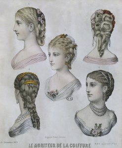 Frisyrer, illustration från Le Moniteur de la Coiffure, 10 december 1879 (färggravyr) av French School
