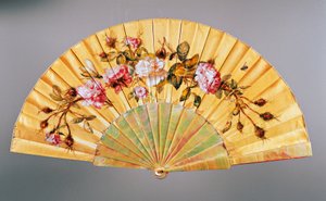 Handfläkt med rosor och insekter, siden och pärlemor, skapad av Felix Alexandre, Paris, ca 1870, Frankrike av French School