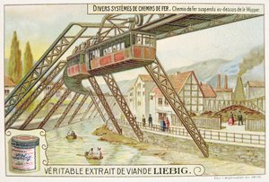 Hängande tåg på Wupperfloden, reklamkort för Veritable Extrait de Viande Liebig av French School
