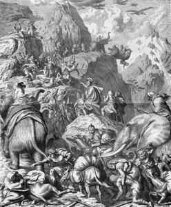 Hannibal korsar Alperna med elefanter för att anlända till Italien (II Punic War). Gravyr av 1800-talet. av French School