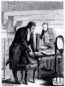 Hans Christian Oersted (1777-1851) upptäckte magnetnålens avvikelse av sluten ström 1820, från Les Merveilles de la Science av Louis Figuier (1819-94), 1867 av French School