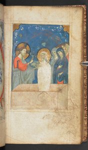 Harley 2928, f.15r, Resning of Lazarus, Scen ur Johannesevangeliet (vellum) av French School