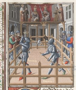 Harley 4375 f.171v, Två riddare som slåss med med pollaxes, från 
