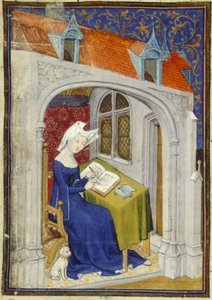 Harley MS 4431 f.004r Detalj av en miniatyr av Christine de Pizan i hennes arbetsrum i början av 