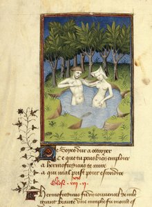 Harley MS 4431, f.132v, Miniatyr av Hermaphroditus och nymfen Salmacis som badar i en sjö, från 