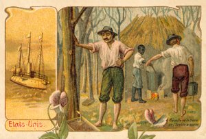 Skörda lönnsaft för att göra lönnsirap, USA (chromolitho) av French School