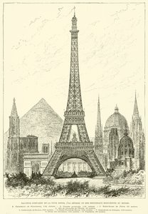 Jämförd höjd av Eiffeltornet (300 meter) och världens viktigaste monument (gravyr) av French School