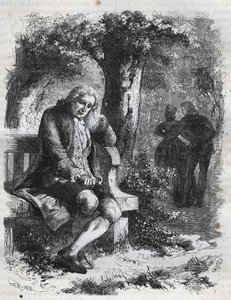 Han hörde viskningen av en kyss." Den schweiziske filosofen Jean Jacques (Jean-Jacques) Rousseau (1712-1778) överraskar sin följeslagare Marie-Therese (Marie Therese) Le Vasseur (Levasseur) (1721-1801) i fullt äktenskapsbrott. Gravyr från 1871 i ”Histoire  av French School