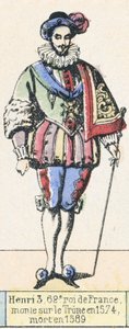 Henri 3, 62:e kung av Frankrike, besteg tronen 1574, dog 1589 (färgad gravyr) av French School