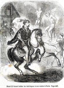 Henri II (1519 - 1559) får kättarna att brinna vid sin ingång till Paris - i "Histoire de France" av L.-P. Anquetil av French School