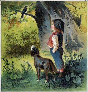 Henri observerar en koltrast på en gren i skogen och återgår till sitt liv om han var en fågel. Kromolitografi från "" Childhood Scenes"" ed. Guerin - Muller cirka 1885. av French School