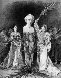Henriette Rosine Bernard kallade Sarah Bernhardt (1844-1923) och reciterade "Slaget vid Hernani" av Francois Coppee, framför Victor Hugos byst (1802-1885) med anledning av femtioårsjubileet av pjäsen "Hernani". Paris, Comedie Francaise av French School