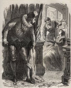 Henry (Henry) Stuart dit Lord Darnley (1545-1567) överraskade sin fru, drottning Mary (Mary) Iere Stuart (1542-1587), med sin privatsekreterare, David Rizzio (d. 1566). Gravyr från 1871 i "Histoire Des Cocuses Celebres"" av Henry de Kock (1819-1892). av French School