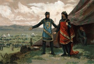 Henrik I, kung av Frankrike (1008-1060) tog emot hertigen av Normandie Robert djävulen (även känd som Le Magnifique) och försåg honom med en armé för att återta sitt kungarike. Kromolitografi omkring 1890. av French School