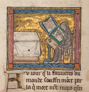 Eremit skriver vid ett skrivbord, miniatyr från "Estoire del Saint Graal, La Queste del Saint Graal, Morte Artu", c.1315-25 (bläck på pergament) av French School