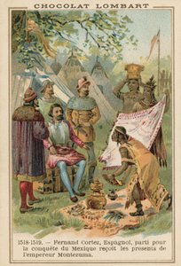 Hernan Cortes, spansk conquistador, tar emot gåvor från den aztekiske kejsaren Montezuma, Mexiko, 1518-1519