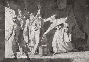 Hjältemod av en kvinna som ställs inför venediska rövare efter att ha fått kontroll över Saint-Mithier, 1793 (se även 217884) av French School