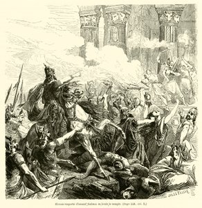 Hircan stormar Sikem och bränner templet (gravyr) av French School