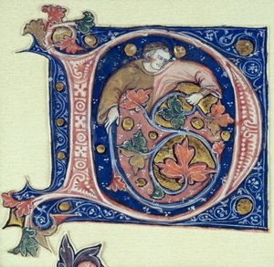 Historikerad initial D som föreställer en man som håller i en vinstock av French School