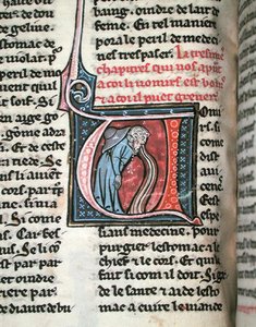 Historisk initial föreställande en man som kräks (vellum) av French School