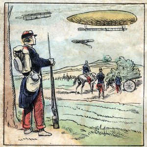 Aluminiums historia. Konstruktion av flygplansdelar och flygplansballonger gjorda av aluminium vars låga vikt möjliggör enklare flygning. Epinal avbildning, sent 1800-tal. Privee Collection. av French School