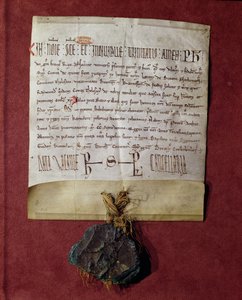 Hyllning till kung Filip II (1165-1223) från Simon de Montfort (ca 1160-1218) för de territorier som konfiskerades från Raymond VI (1197-1249) ca 1216 av French School