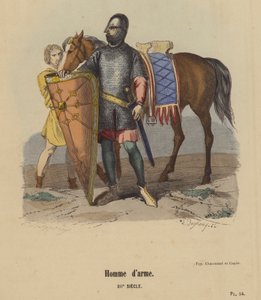 Man-at-arms, XIIth Century (färgad gravyr) av French School