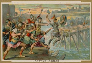 Horatius Cocles, romersk soldat, försvarade Pons Sublicius mot invaderande armé av kungen av Clusium, 600-talet f.Kr. av French School