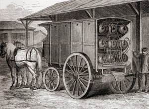 Hästdraget fordon som användes för att transportera komprimerad gas i bärbara behållare på 1800-talet, från Les Merveilles de la Science, publicerad ca 1870 (gravyr) av French School