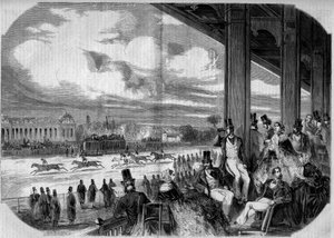 Hästkapplöpning vid Chantilly hypodromen 1858. av French School