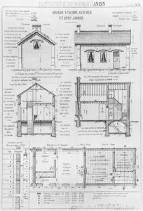 Hus för arbetare i Anzin, skylt 9 från Arbetarbostäder i alla länder, situation 1878, Avenir av Emile Muller och Emile Cacheux, Paris, publicerad 1879 av French School