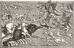 Hur Alexander bekämpade drakarna och en djurart som heter Scorpion, från "Science and Literature in the Middle Ages" av Paul Lacroix (1806-84) publicerad i London 1878 av French School