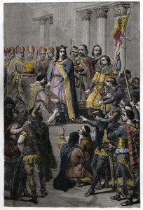 Hugh Capet valdes till kung - kröning av Hugues Capet (ca 941-996), kung av Frankrike, 3 juli 987 i Noyon, av Adalberon (ca 925-990), arkevek i Reims. av French School