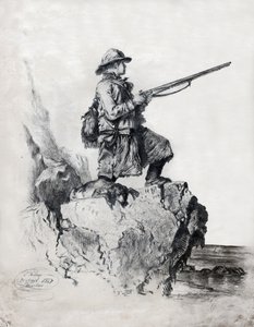 Jägare med sin hund. (teckning av French School