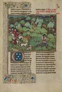 Jägare som förföljer en hjort, ca 1430-40 (temperafärger, guldfärg, silverfärg och bladguld) av French School
