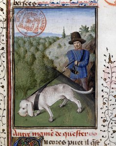 Jakthund som hålls i ett härligt koppel - i "" Jaktbok av Gaston Phoebus, greve av Foix, Lord of Béarn"" av French School