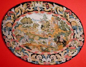 Jaktscen, ca 1710-35 (broderi på duk) av French School