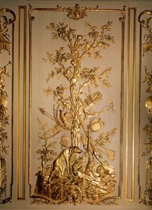 Jaktscen, träpanel ursprungligen från matsalen på Hotel des Etats du Languedoc (förgyllt trä)