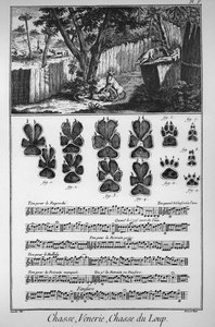Jaga vargen (olika sätt eller fällor att ta vargarna på) - "" The Great Encyclopedie, ou Dictionnaire Raisonne des Sciences, des Arts et des Metiers"" (Encyclopedia or Dictionary of the Sciences, Arts and Professions) av Denis Diderot (1713) -1784) och av French School