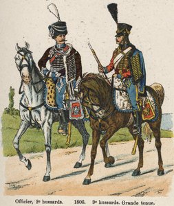 Husarernas 1:a vendemiär An XII (24 september 1803): Officer, 2:a husarer och 9:e husarer i stor klädsel 1806. Tallrik från boken Les Uniforms de l