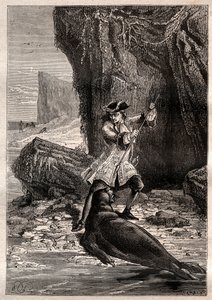 Jag stoppade min spade i hans bröst: Woodes Rogers (1679-1732) attackerad av en marinhund (säl) på en av Galapagosöarna i Stilla havet 1709 - illustrationen hämtad från "The Great Mariners of the 18th century" av French School