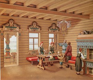 Idealiserad interiör av en rysk izba, ca 1880 (färggravyr) av French School
