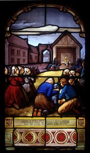 Ignace Le Garrec, kyrkoherdepräst i Kerlaz under revolutionen, firar en sista församlingsmässa i en lada i Caouët, januari 1793 - målat glas av St Germain-kyrkan i Kerlaz av French School