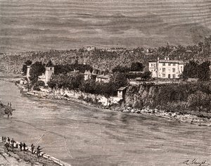 Ile Barbe mitt i Saone, i 9:e arrondissementet i Lyon - gravyr i "La France illustree: geografi, historia, statistisk administration"" av V.-A. Malt-brunt. 1884 av French School