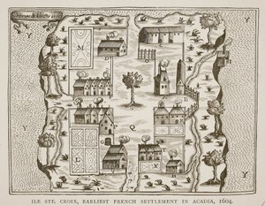 Ile Ste. Croix, den tidigaste franska bosättningen i Acadia, 1604, från Voyages av Samuel de Champlain (c.1580-1635), 1613 av French School