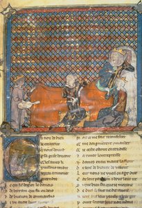Upplyst sida från en antologi, som visar från vänster till höger, Adenet le Roi, en minstrel till hertig Henry; Greve Guy av Flandern; Marie, drottning av Frankrike och hustru till Filip den djärve (1342-1404); och Mada av French School