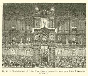 Belysning av Louvrens gallerier för födelsen av Monseigneur hertigen av Bourgogne, 25 augusti 1682 av French School