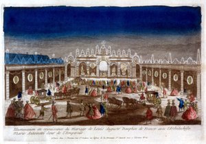 Belysning för att fira bröllopet av Louis Auguste, delfin av Frankrike (Louis XVI), med ärkehertiginnan Marie Antoinette, kejsarens syster - gravyr av French School